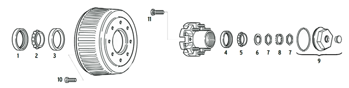 Trailer 15k dual wheel axle Hub/Drum 8 bolt on 275mm Parts Illustration