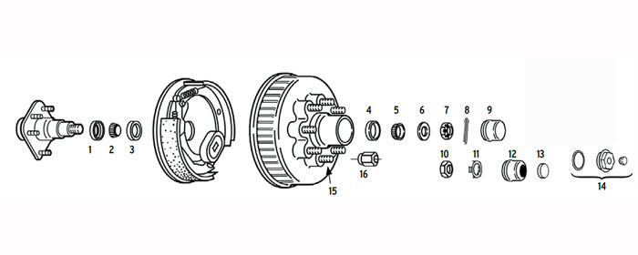 Hub/Drum trailer 8 bolt on 6 1/2 inch with spindle using 2.125 or 2.25 ID seals Parts Illustration