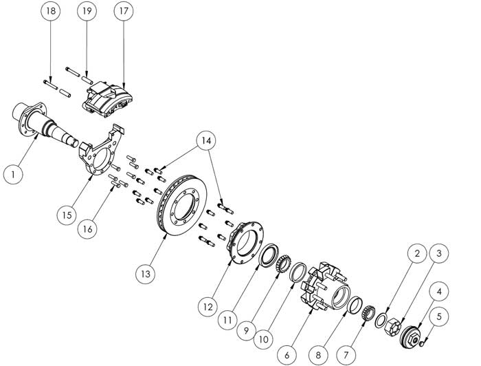 Kodiak Dexter/Lippert Axle With Leaf Spring Suspension and Dual Wheels 10K 11.6 Inch Rotor Disc Brake Parts Illustration