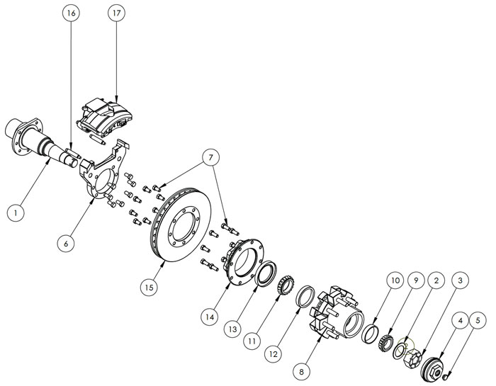 Kodiak Dexter/Lippert 10K Axle With Torsion Suspension and Single Wheels Disc Brake Parts Illustration