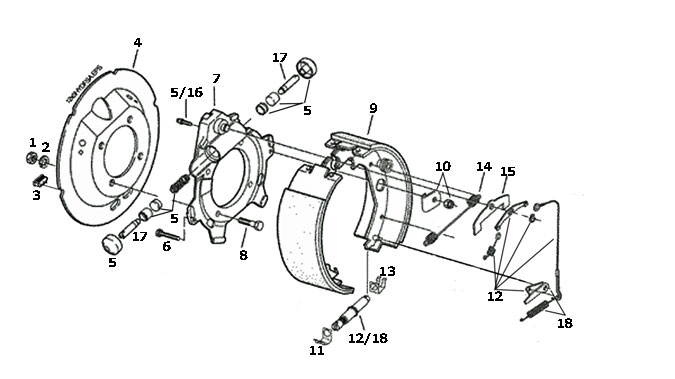 Dexter 12 1/4 x 3 3/8 Inch 4 Bolt Flange Hydraulic Duo-Servo Brake Parts Illustration