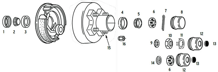 Hub/drum trailer 4 bolt on 4 inch BTR spindle Parts Illustration
