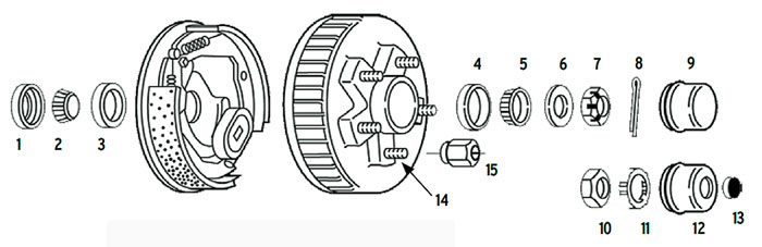 Hub-Drum trailer 5 bolt on 4 1/2, 4 3/4, 5 and 5 1/2 inch #84 spindle Parts Illustration