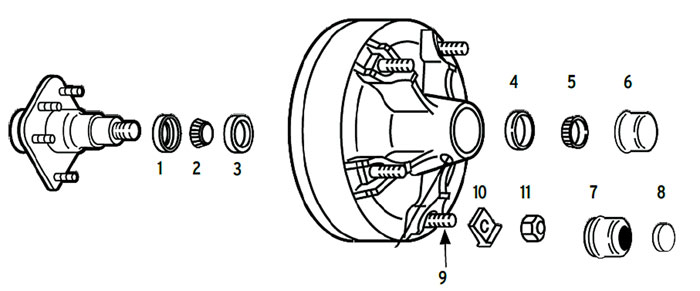 Hub/Drum trailer 5-spoke utility with spindle using 2.125 or 2.25 ID seals Parts Illustration