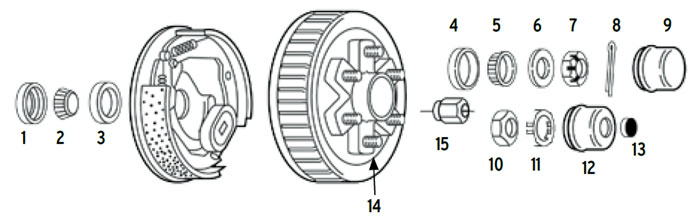 Hub/Drum trailer 6 bolt on 5 1/2" for 4.4k axles Parts Illustration