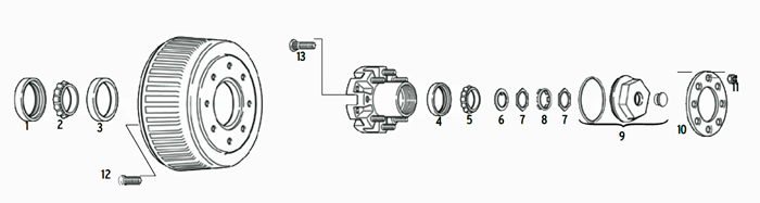 Trailer 10k Axle Hub/Drum 8 bolt on 6 1/2 inch Parts Illustration