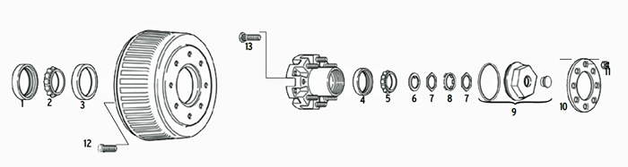 Trailer 10k Axle Hub-Drum 8 bolt on 6 1/2 inch Parts Illustration
