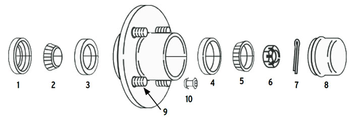 Hub trailer 4 bolt on 4 inch BT8 spindle Parts Illustration