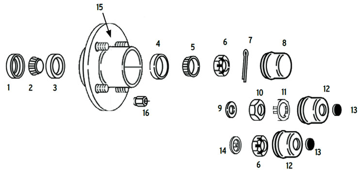 Hub trailer 4 bolt on 4 inch BTR spindle Parts Illustration