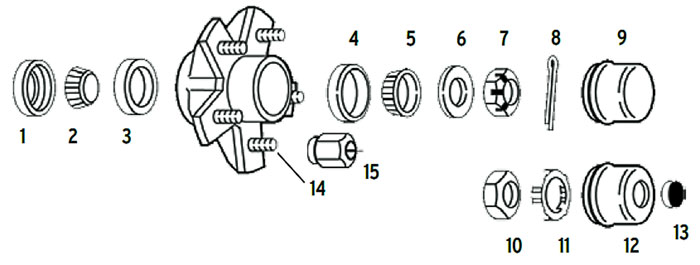 Hub trailer 5 bolt on 4 1/2, 4 3/4, 5 and 5 1/2 inch #84 spindle Parts Illustration