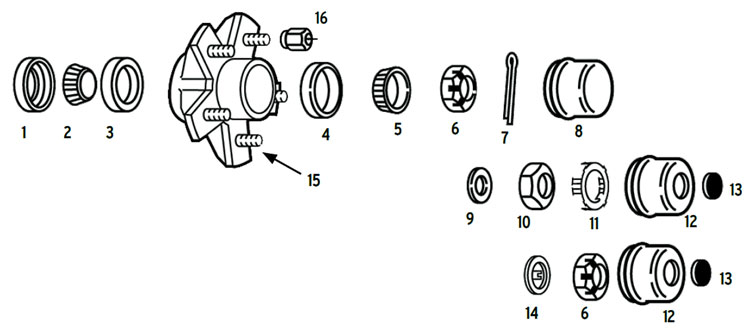 Hub trailer 5 bolt on 4 1/2 inch BTR spindle Parts Illustration