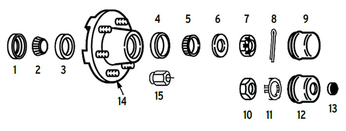 Hub trailer 6 bolt on 5 1/2 inch with spindle using 2.125 or 2.25 ID seals Parts Illustration