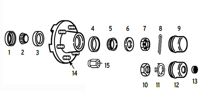 Hub trailer 6 bolt on 5 1/2" with 2 1/4" spindle seals Parts Illustration