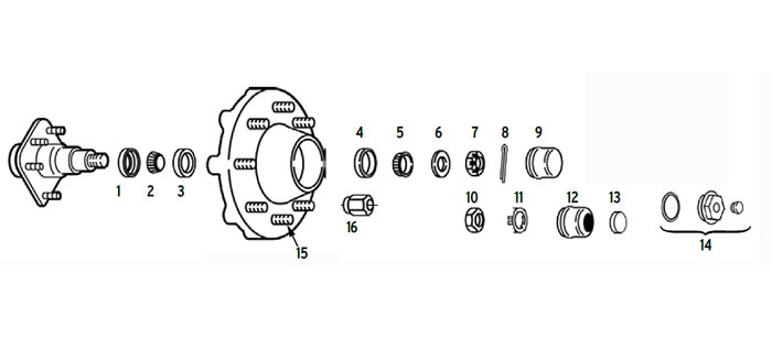 Hub trailer 8 bolt on 6 1/2 inch with spindle using 2.125 or 2.25 ID seals Parts Illustration