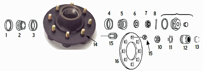 Hub trailer 8 bolt on 6 1/2 for 8,000 lb. axles Parts Illustration